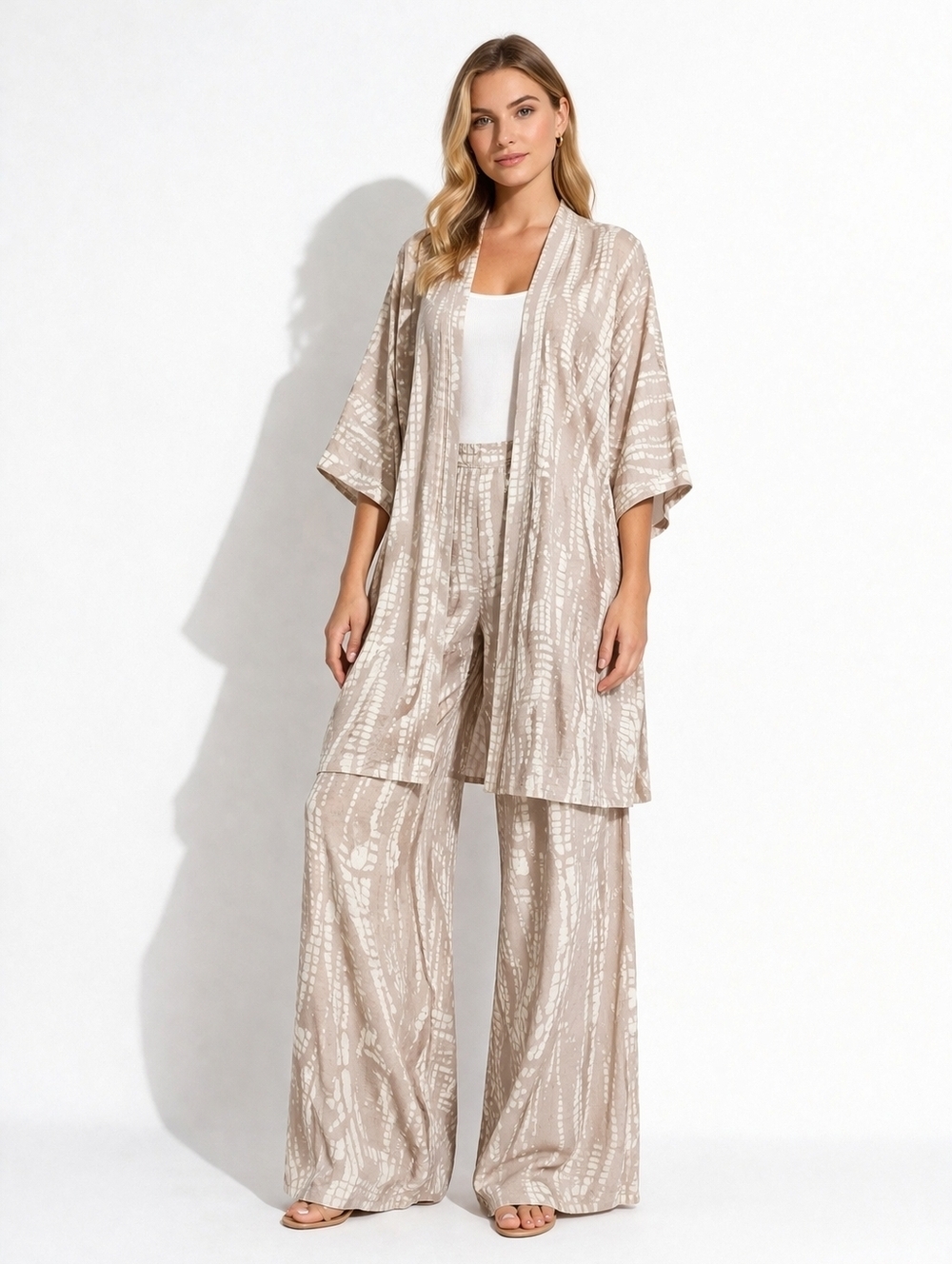 NWT Ayriss Chic Neutral Printed Kimono Set Loungewear longline cruise resort S - Picture 1 of 9